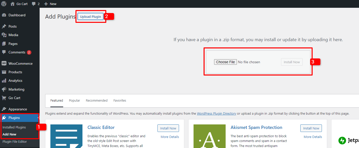 Installing plugin in WordPress dashboard