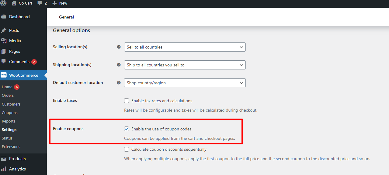 Enabling coupons in WooCommerce setting page.